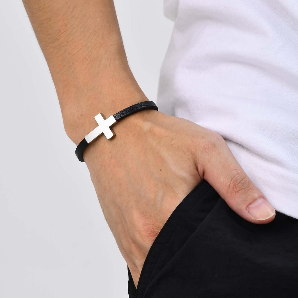 Men's Leather Cross Bracelet 316L Stainless Steel Christian Faith Religious Jewelry Gift for Dad Husband Son Brother