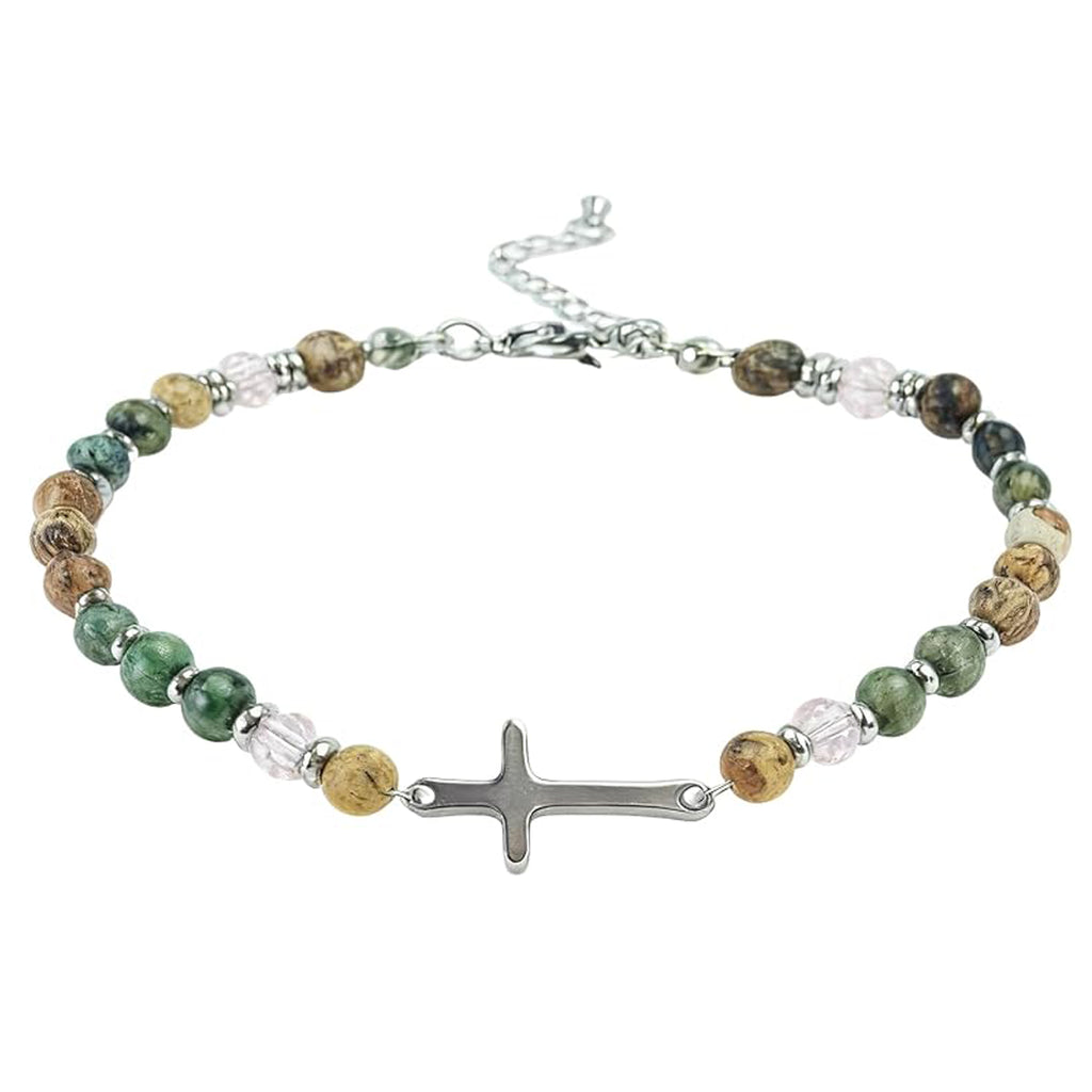 ✝ Women's Wave Charm Friendship Bracelet Natural Stone Beaded Christian Faith Inspirational Jewelry Gift for Women