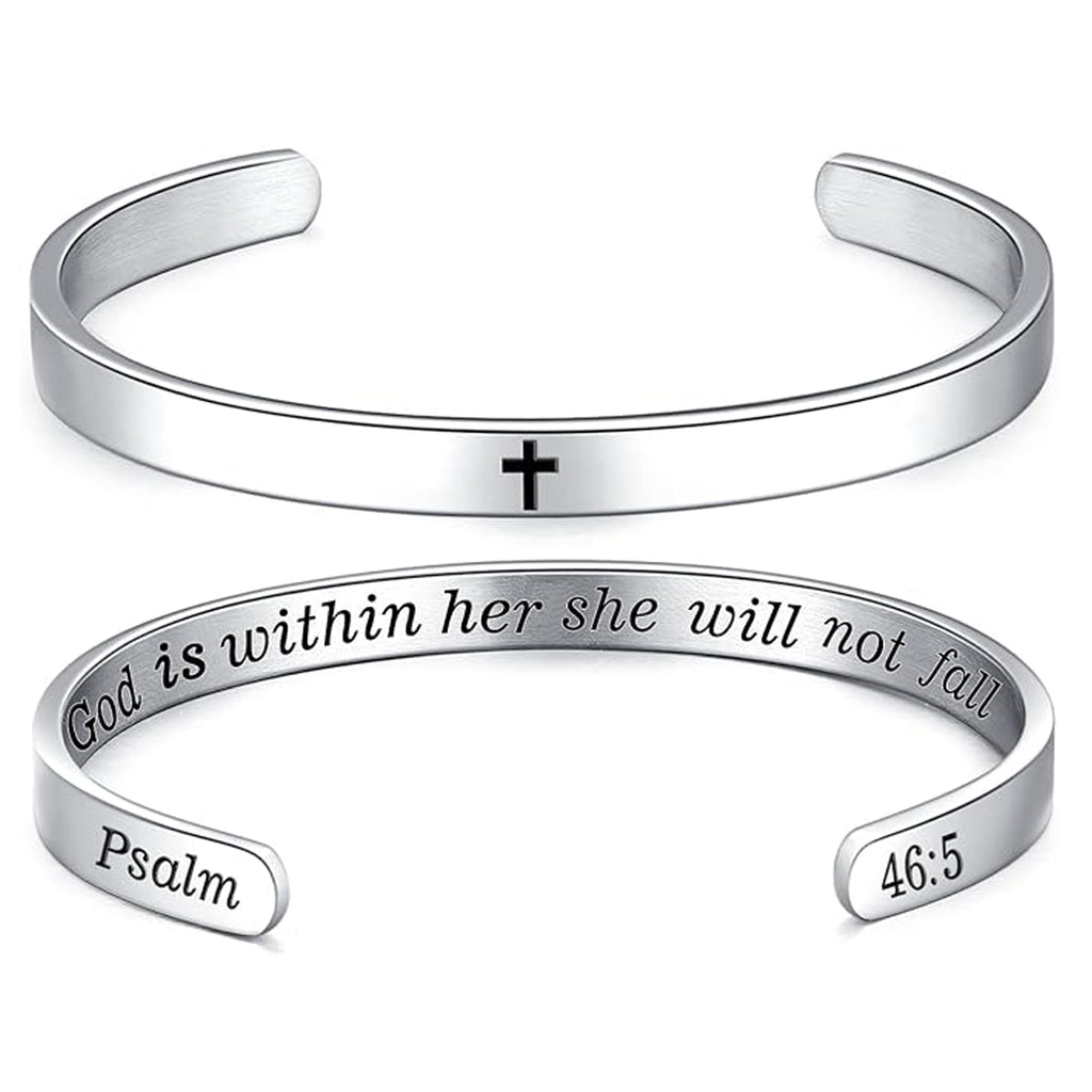 Women's God Is Within Her Psalm 46:5 Cuff Bracelet Stainless Steel Christian Bible Verse Faith Jewelry Gift