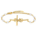 ✝ Women's 18K Gold Faith Cross Bracelet Stainless Steel Pearl Chain Christian Religious Jewelry Inspirational Gift for Mom