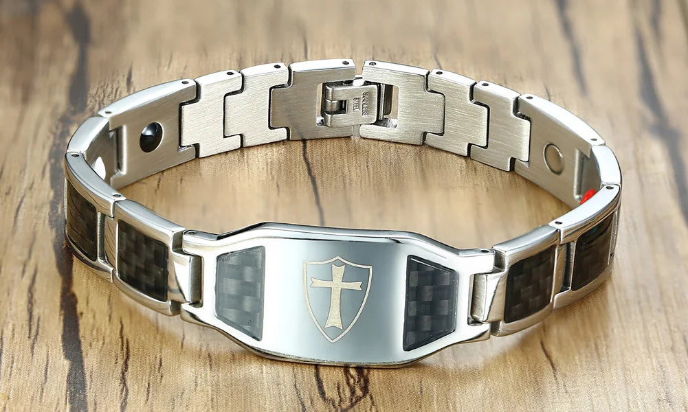 Men’s Carbon Fiber Cross Magnetic Bracelet – Luxury Waterproof Health Energy Jewelry