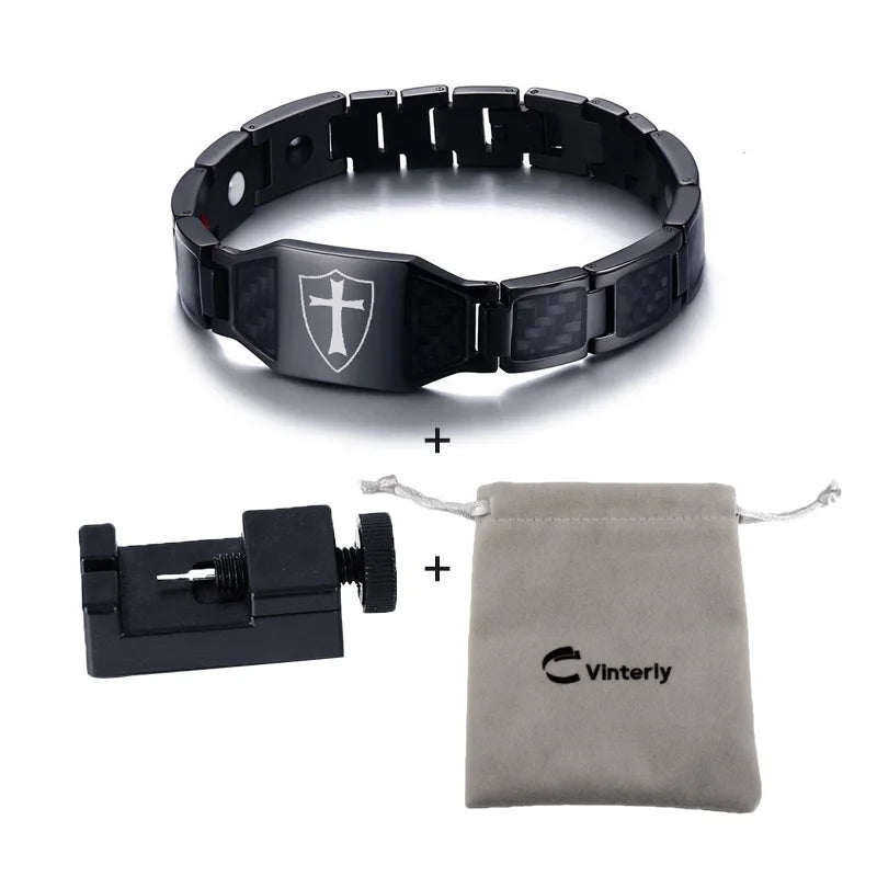 Men’s Carbon Fiber Cross Magnetic Bracelet – Luxury Waterproof Health Energy Jewelry