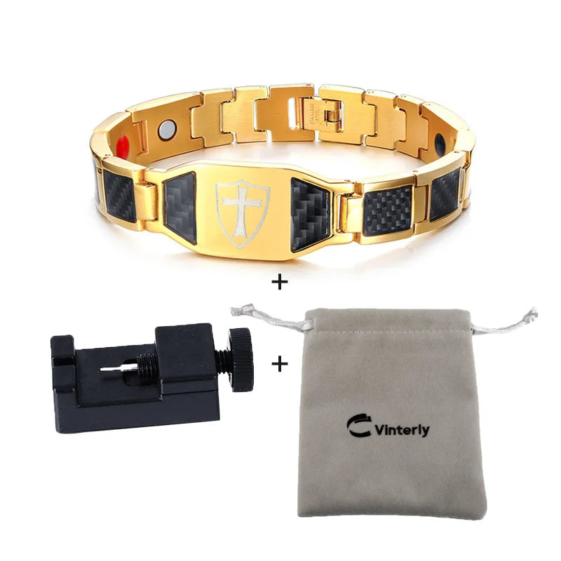 Men’s Carbon Fiber Cross Magnetic Bracelet – Luxury Waterproof Health Energy Jewelry
