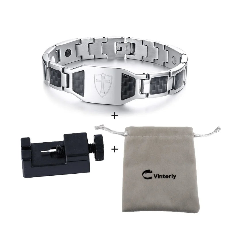 Men’s Carbon Fiber Cross Magnetic Bracelet – Luxury Waterproof Health Energy Jewelry