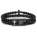 ✝ Men's Joshua 1:9 Cross Bracelet Black Agate Beads Braided Leather Christian Faith Jewelry