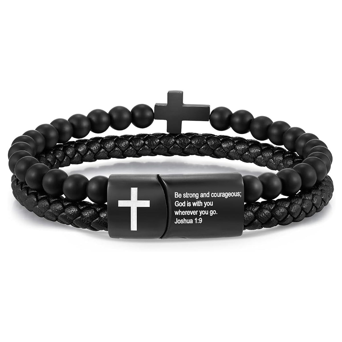 ✝ Men's Joshua 1:9 Cross Bracelet Black Agate Beads Braided Leather Christian Faith Jewelry