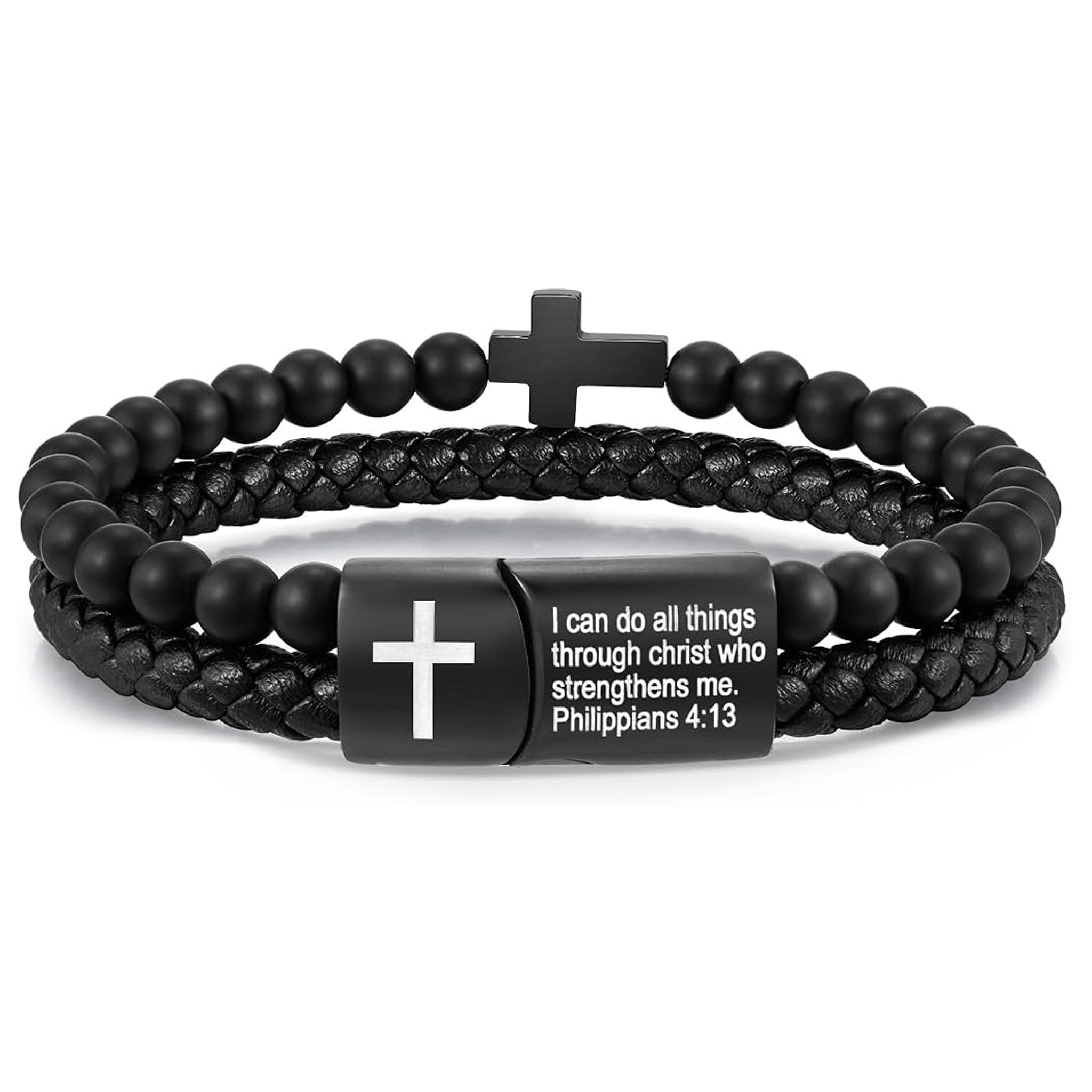 ✝ Men's Joshua 1:9 Cross Bracelet Black Agate Beads Braided Leather Christian Faith Jewelry