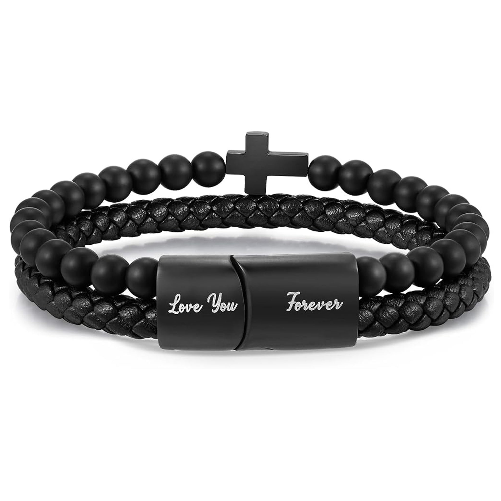 ✝ Men's Joshua 1:9 Cross Bracelet Black Agate Beads Braided Leather Christian Faith Jewelry