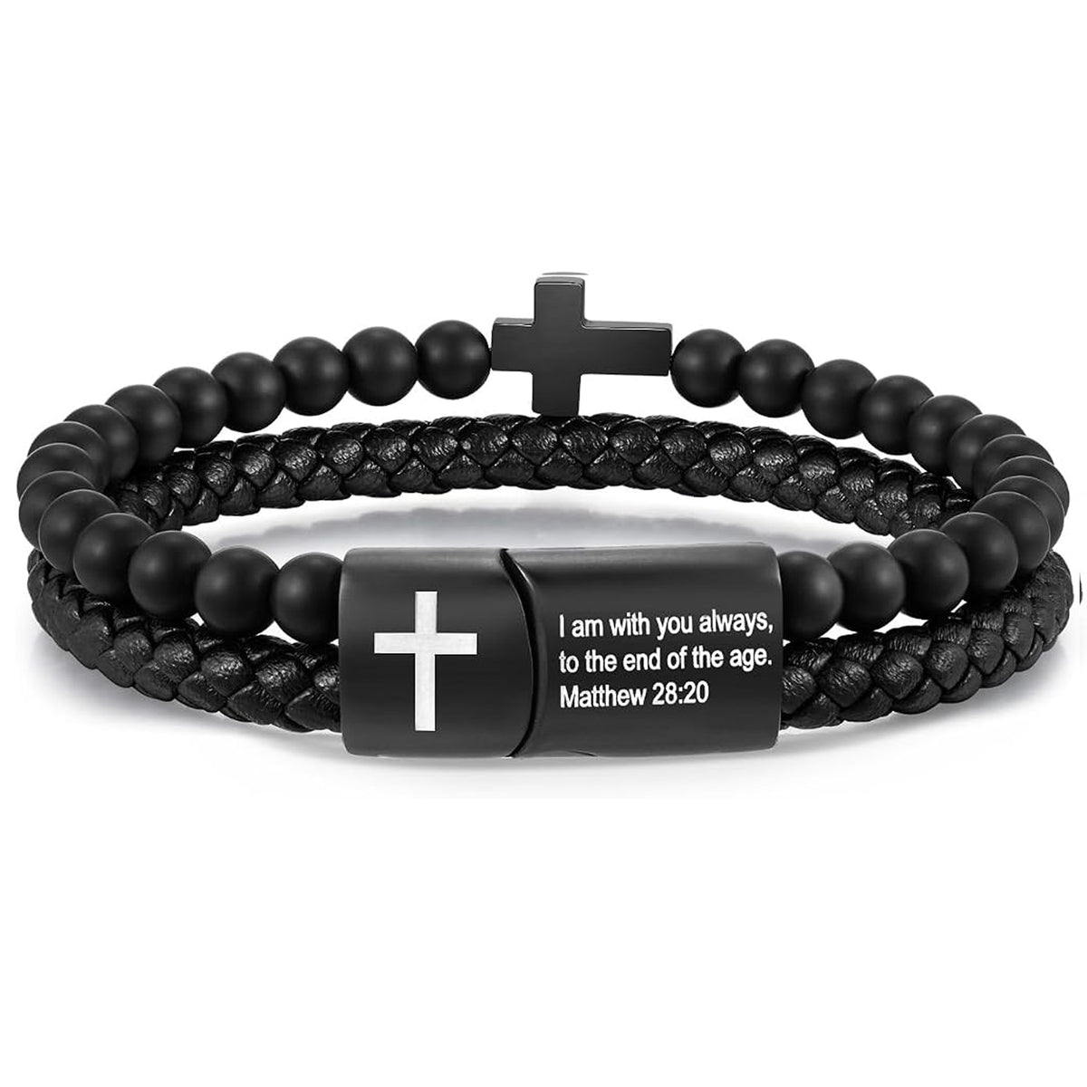 ✝ Men's Joshua 1:9 Cross Bracelet Black Agate Beads Braided Leather Christian Faith Jewelry