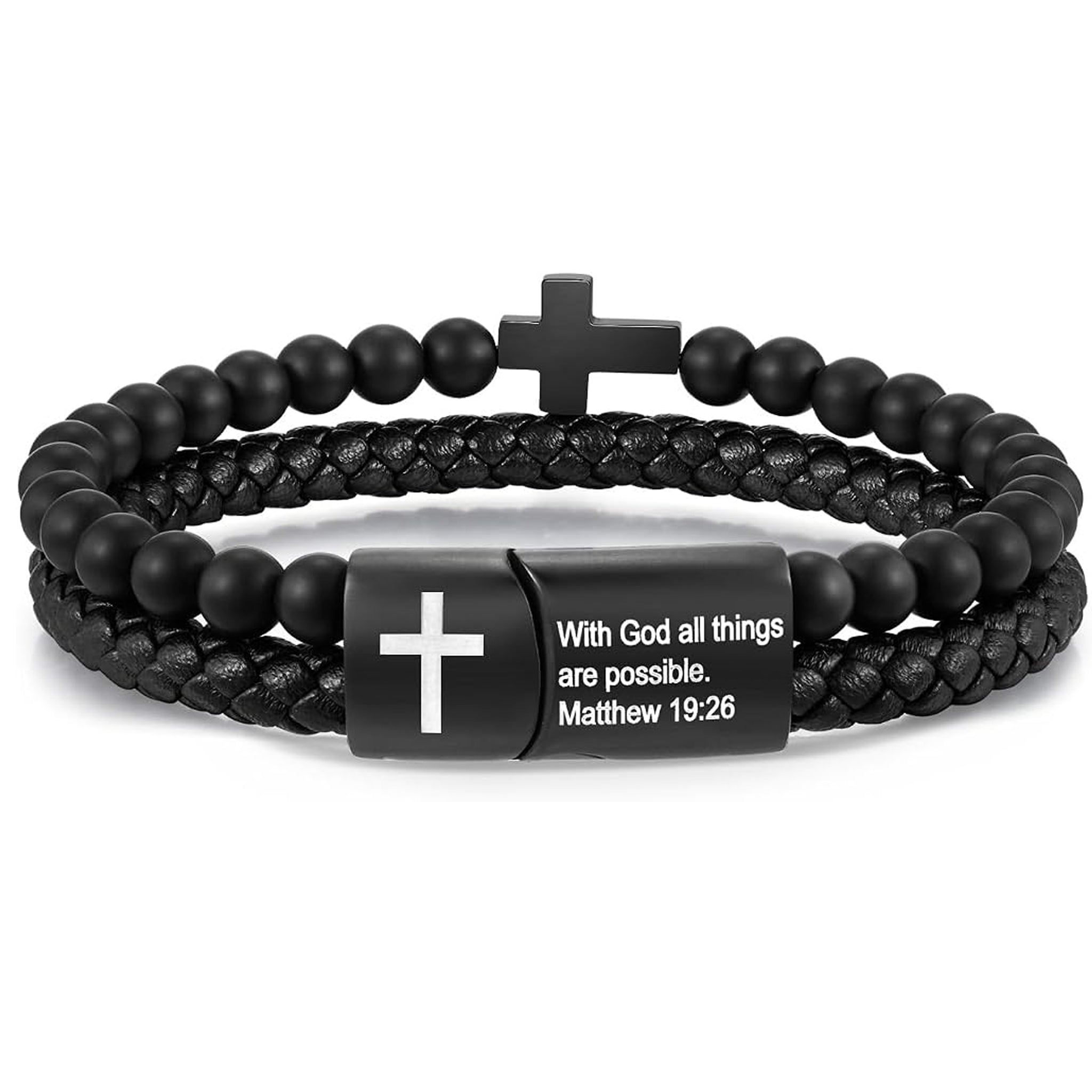✝ Men's Joshua 1:9 Cross Bracelet Black Agate Beads Braided Leather Christian Faith Jewelry