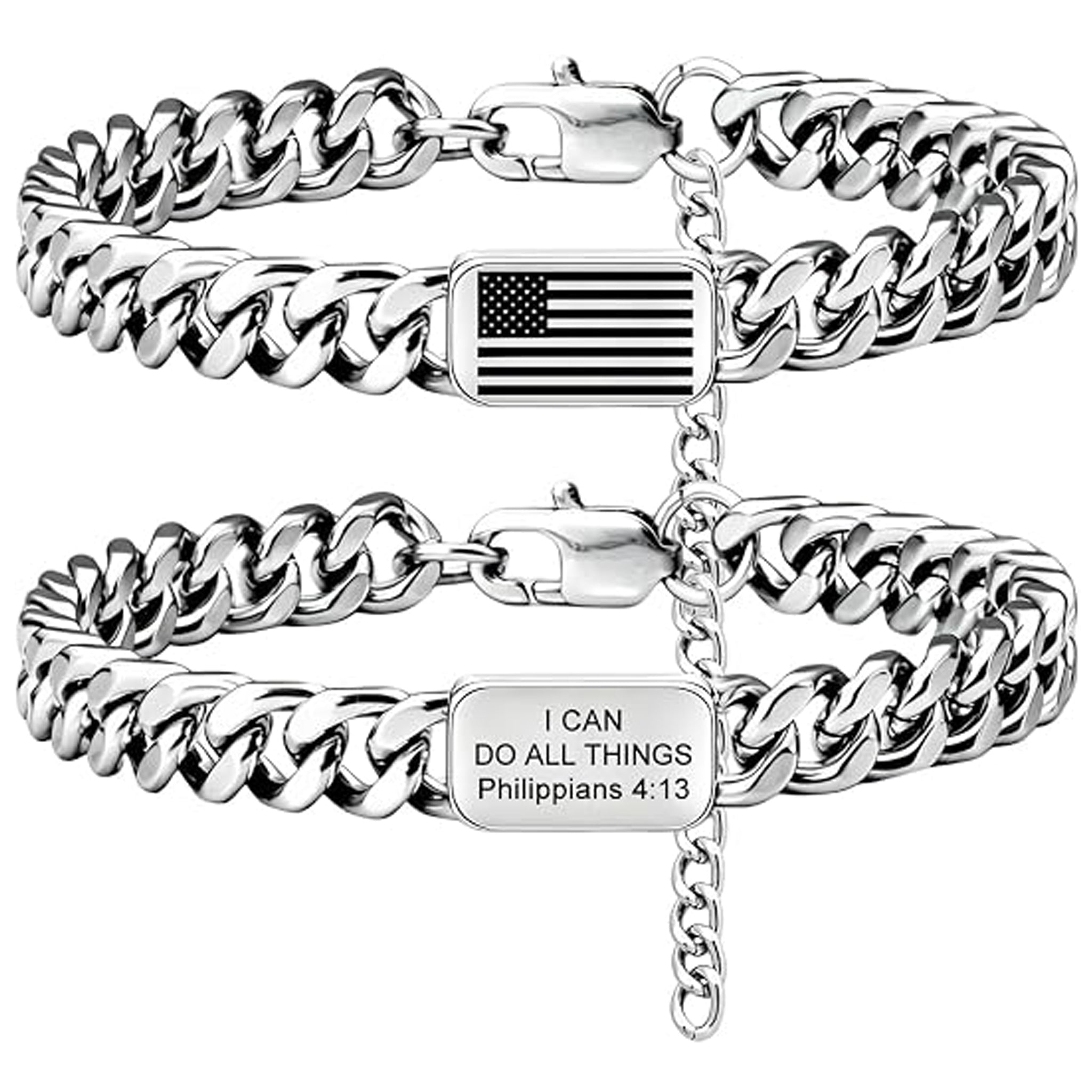 ✝ American Flag Christian Bracelet for Men – Philippians 4:13 Cuban Link Bible Verse Bracelet