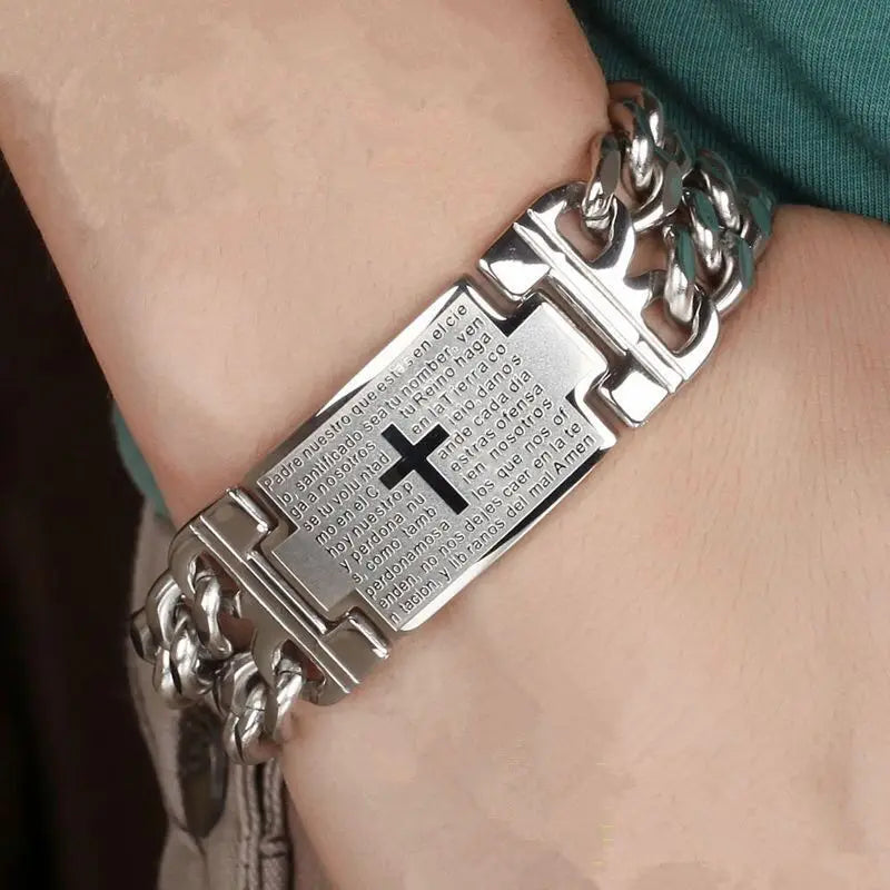 Stainless Steel Cuban Chain Cross Bracelet – Trendy Men’s Christian Hand Jewelry