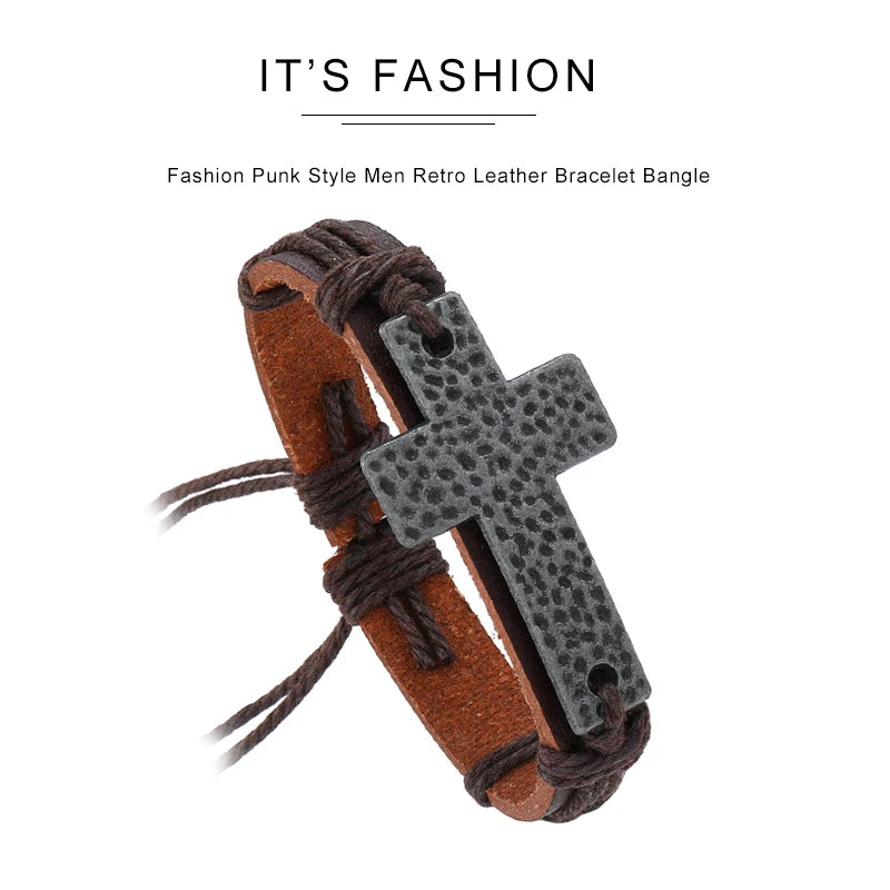 Women’s Vintage Cross Leather Bracelet – Black Brown Braided Christian Jewelry Bangle