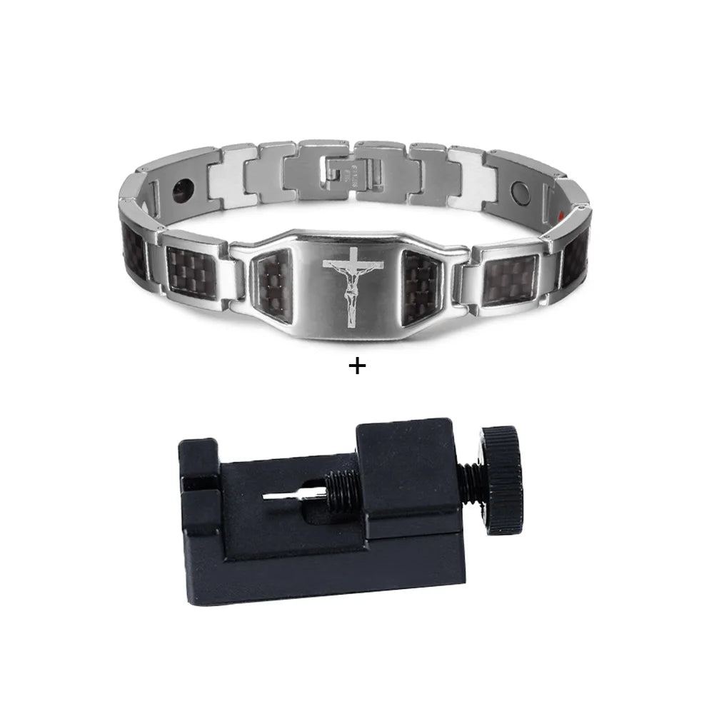 Men’s Carbon Fiber Cross Magnetic Bracelet – Luxury Waterproof Health Energy Jewelry