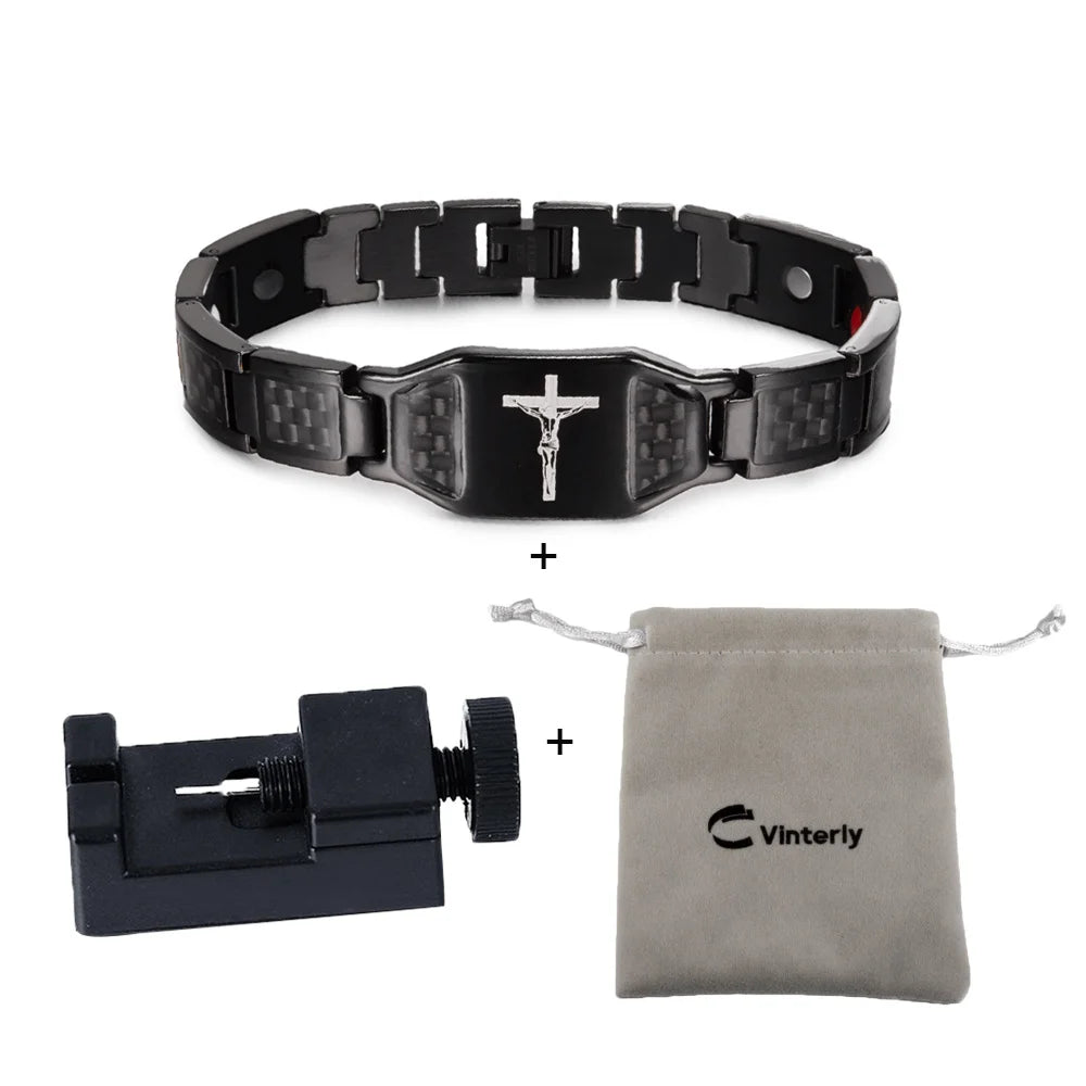 Men’s Carbon Fiber Cross Magnetic Bracelet – Luxury Waterproof Health Energy Jewelry