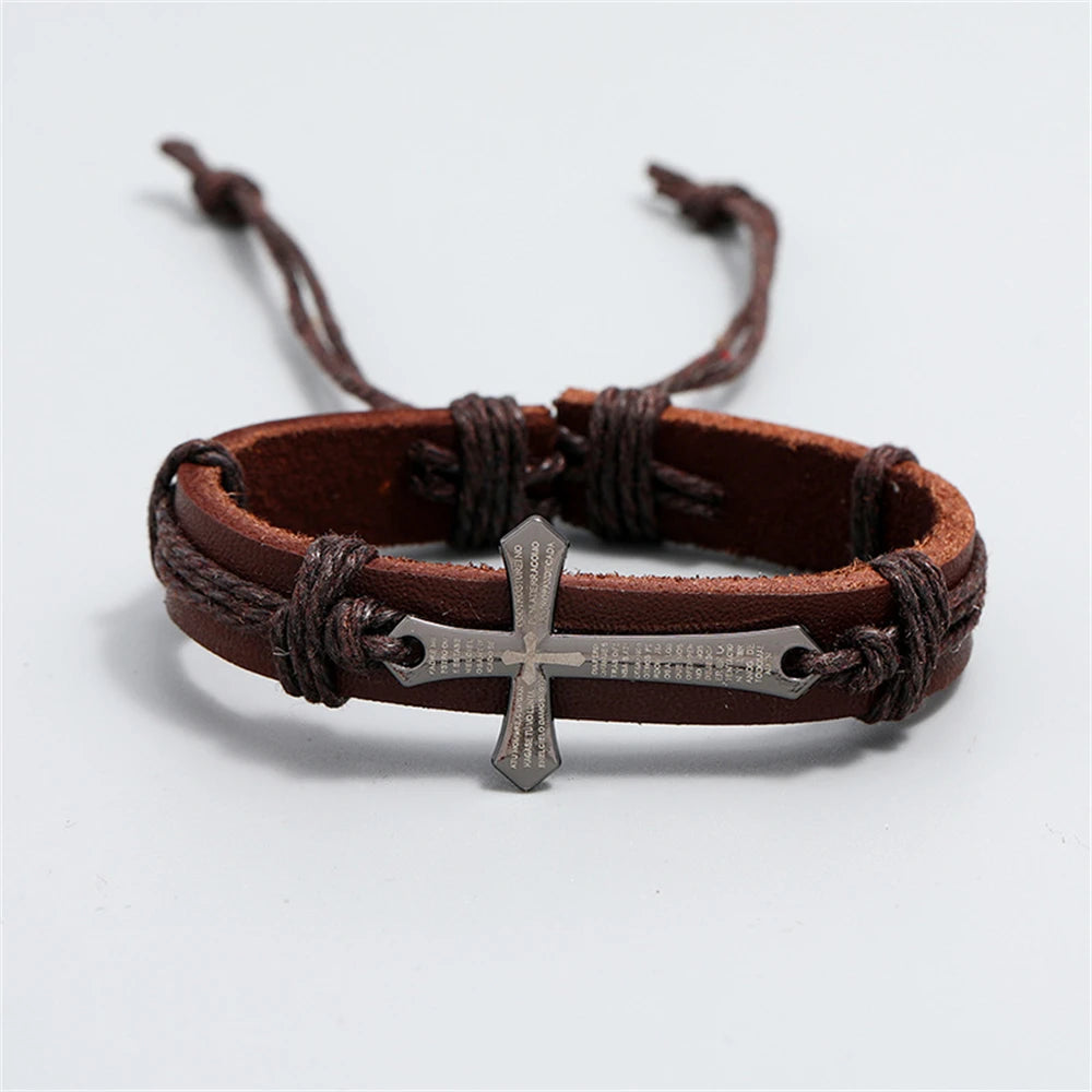 Retro Braided Leather Cross Bracelet – Adjustable Christian Faith Jewelry Gift Unisex