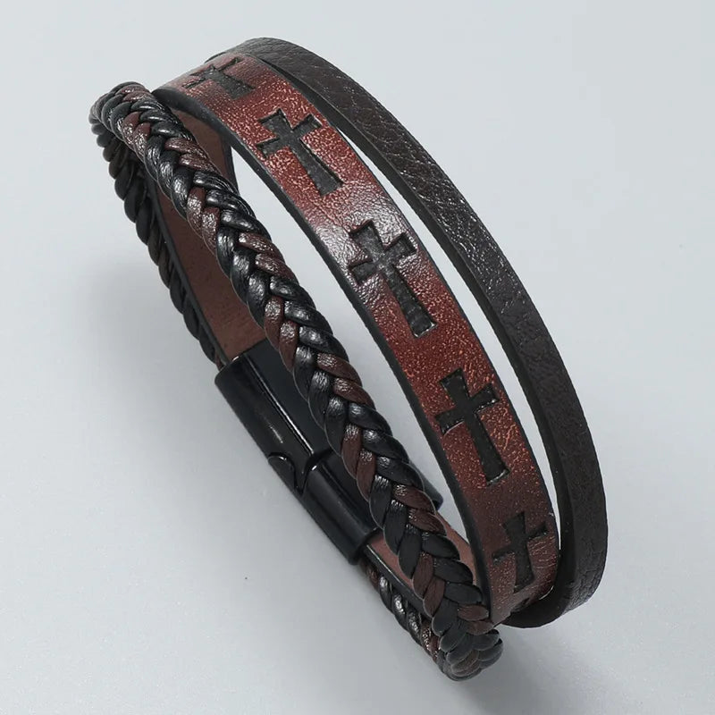 Black Leather Cross Cuff Bracelet – Unique Punk Vintage Men Wristband