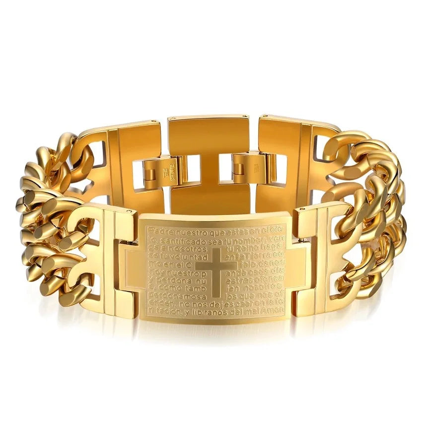 Stainless Steel Cuban Chain Cross Bracelet – Trendy Men’s Christian Hand Jewelry