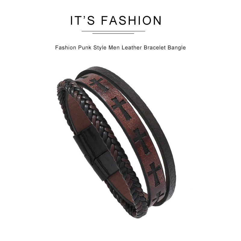 Black Leather Cross Cuff Bracelet – Unique Punk Vintage Men Wristband