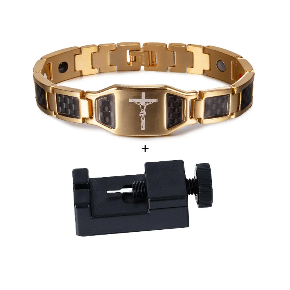 Men’s Carbon Fiber Cross Magnetic Bracelet – Luxury Waterproof Health Energy Jewelry