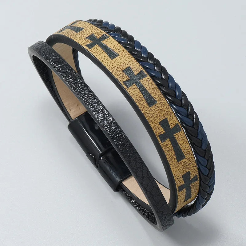 Black Leather Cross Cuff Bracelet – Unique Punk Vintage Men Wristband