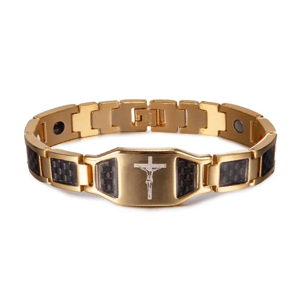 Men’s Carbon Fiber Cross Magnetic Bracelet – Luxury Waterproof Health Energy Jewelry