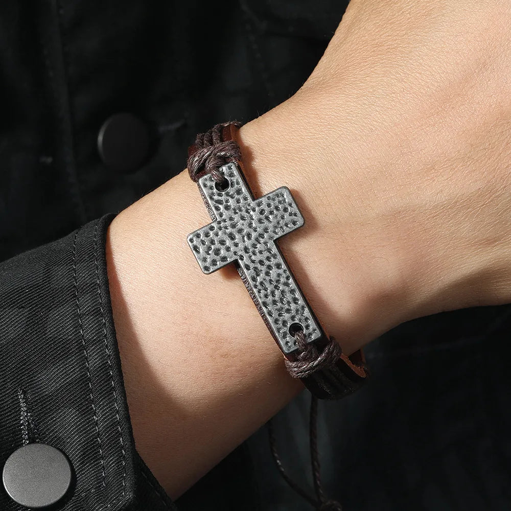 Women’s Vintage Cross Leather Bracelet – Black Brown Braided Christian Jewelry Bangle