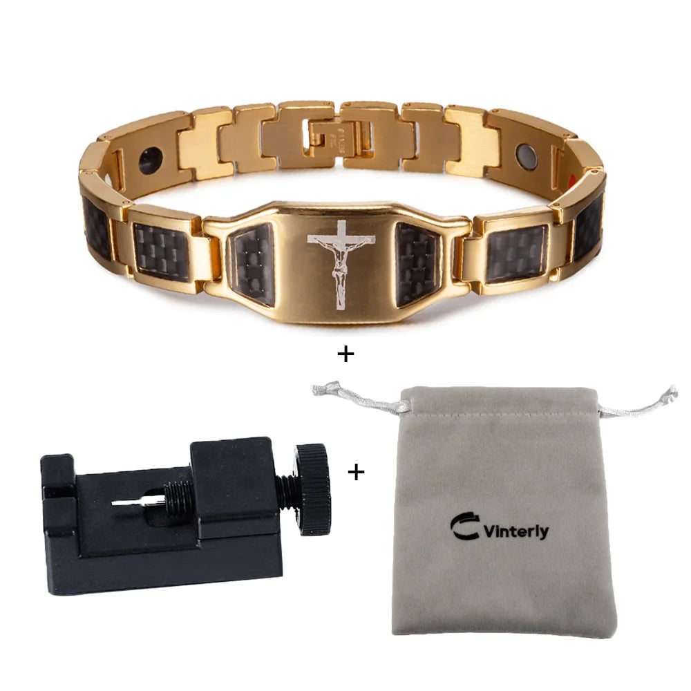 Men’s Carbon Fiber Cross Magnetic Bracelet – Luxury Waterproof Health Energy Jewelry