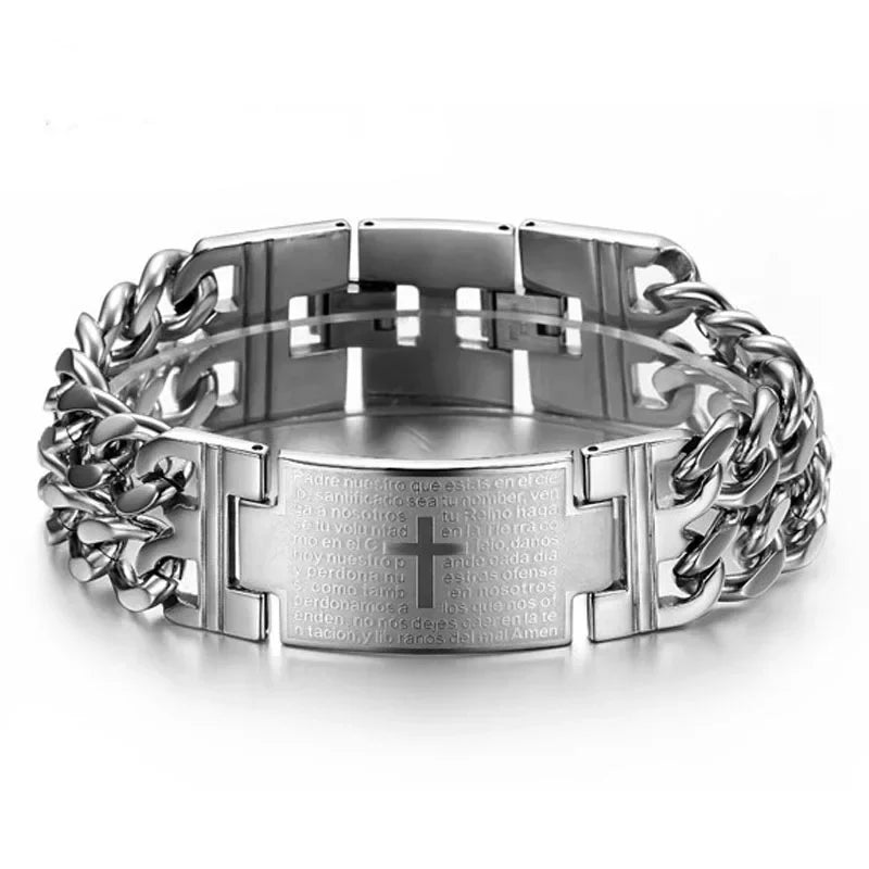 Stainless Steel Cuban Chain Cross Bracelet – Trendy Men’s Christian Hand Jewelry