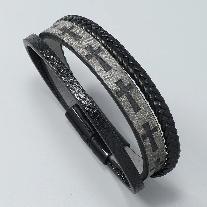 Black Leather Cross Cuff Bracelet – Unique Punk Vintage Men Wristband