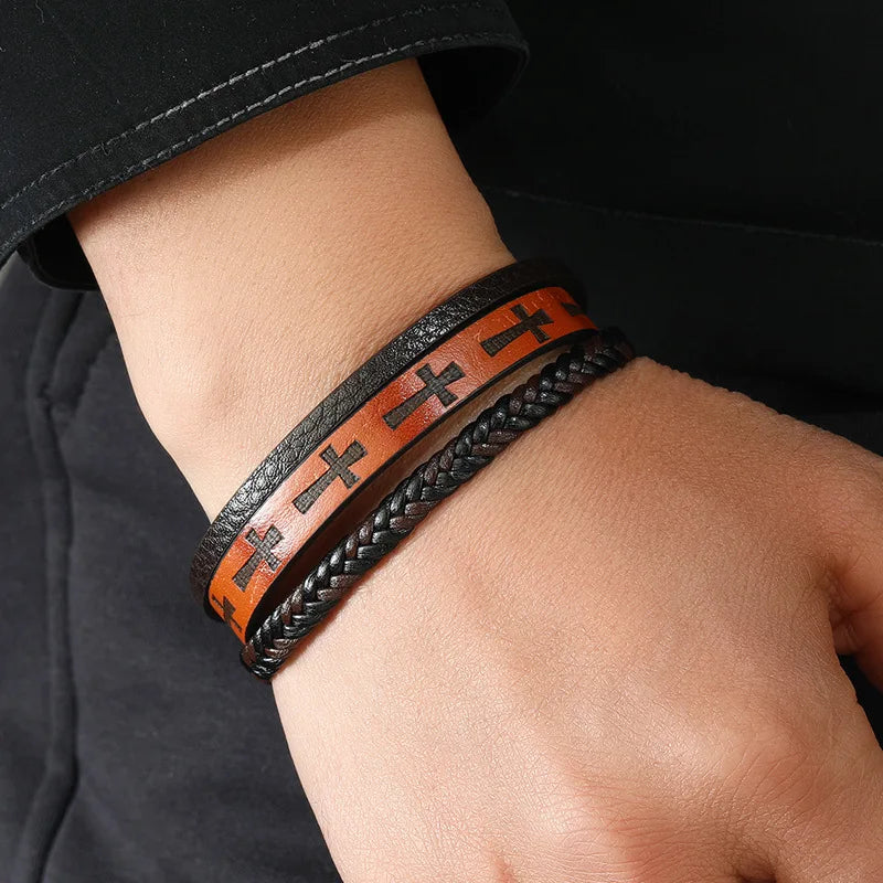 Black Leather Cross Cuff Bracelet – Unique Punk Vintage Men Wristband