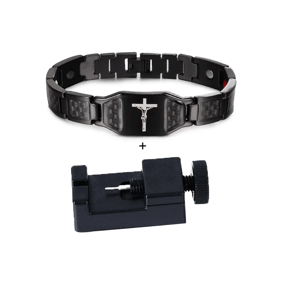 Men’s Carbon Fiber Cross Magnetic Bracelet – Luxury Waterproof Health Energy Jewelry