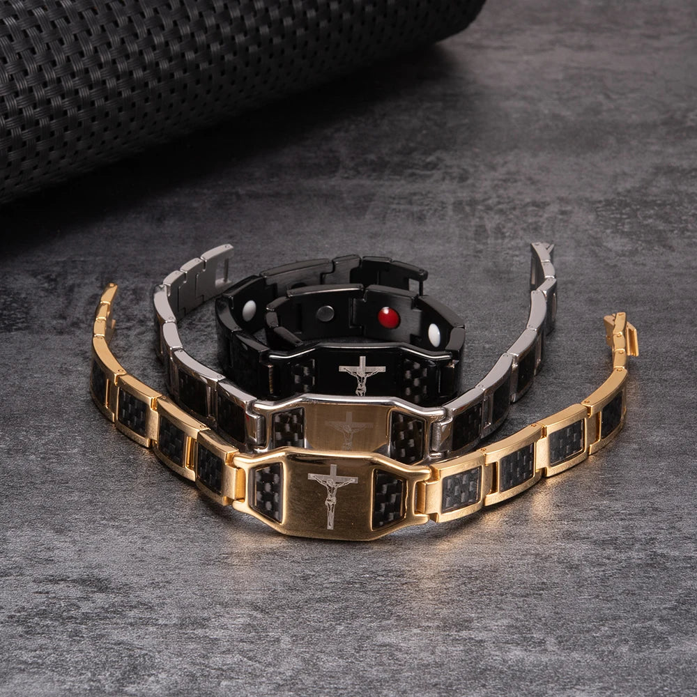 Men’s Carbon Fiber Cross Magnetic Bracelet – Luxury Waterproof Health Energy Jewelry