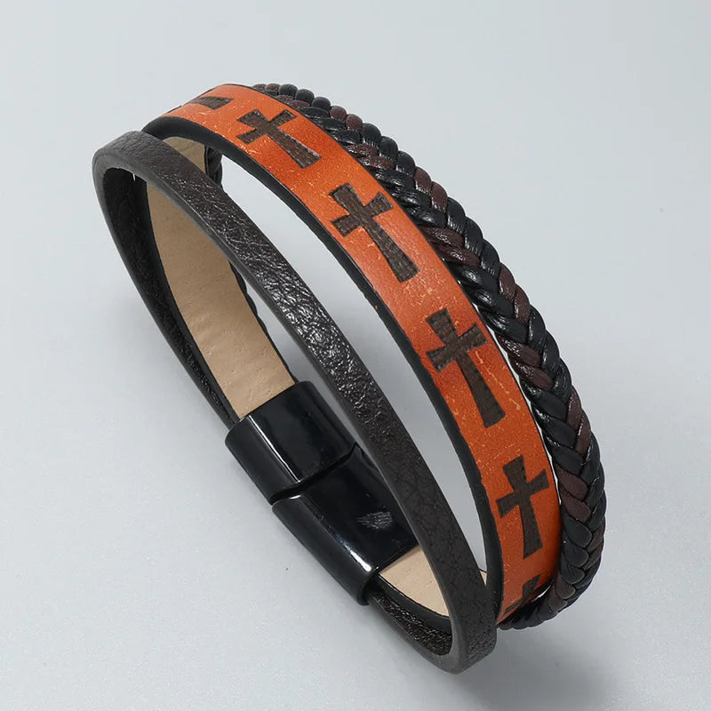 Black Leather Cross Cuff Bracelet – Unique Punk Vintage Men Wristband