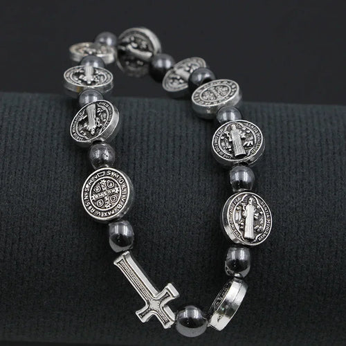Catholic Rosary St. Benedict Medal Cross Prayer Bracelet – Hematite Religion Jewelry