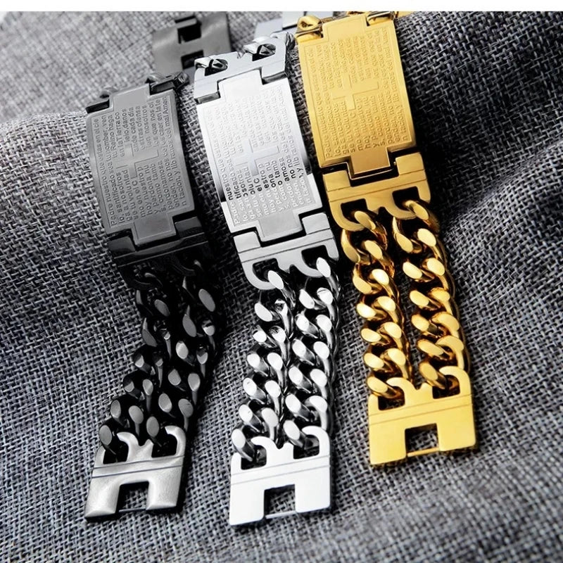 Stainless Steel Cuban Chain Cross Bracelet – Trendy Men’s Christian Hand Jewelry