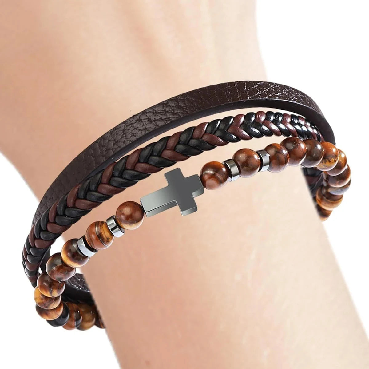 Men’s Multi Strand Woven Cross Bracelet – Braided Cuff Wristband Christian Jewelry