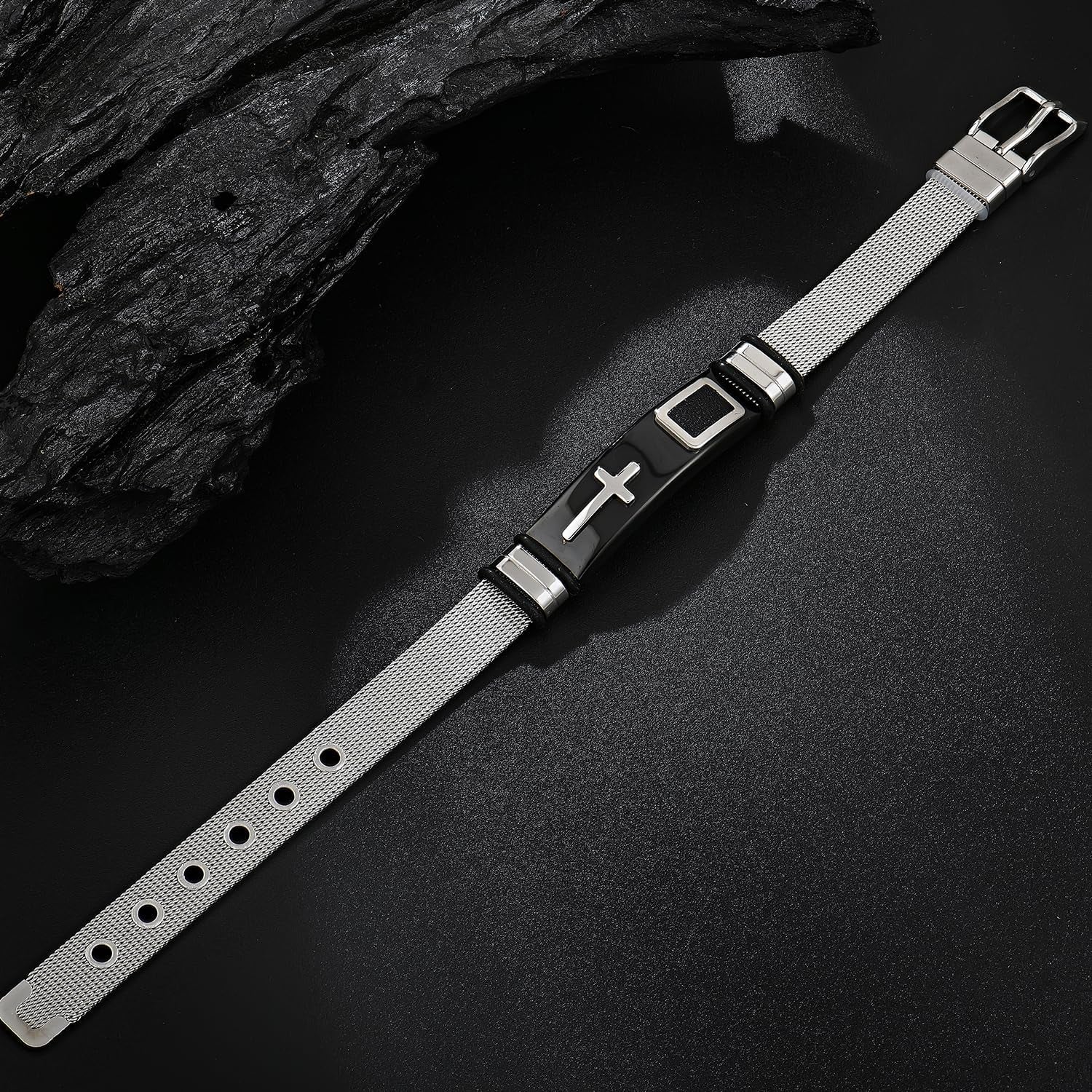 ✝ Men's Holy Cross Bracelet Stainless Steel Black Silver Adjustable Vintage Christian Religious Jewelry Gift