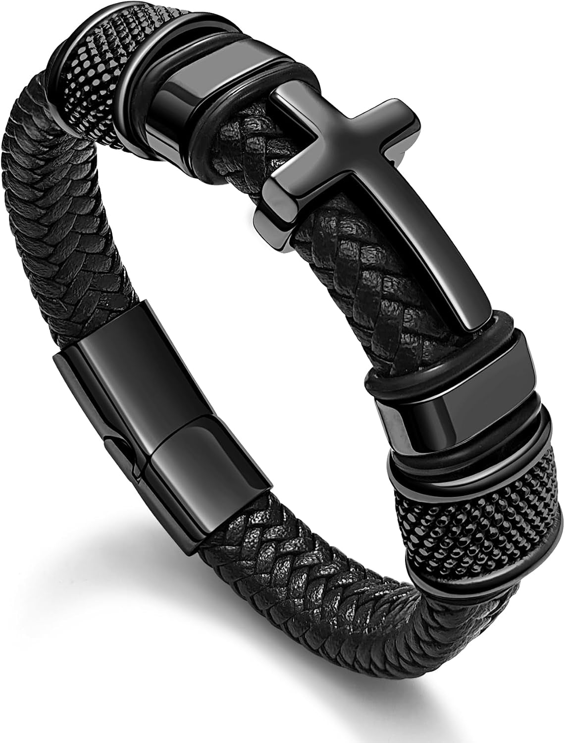 Men's Black Cross Cuff Bracelet Philippians 4:13 Stainless Steel Braided Leather Bible Verse