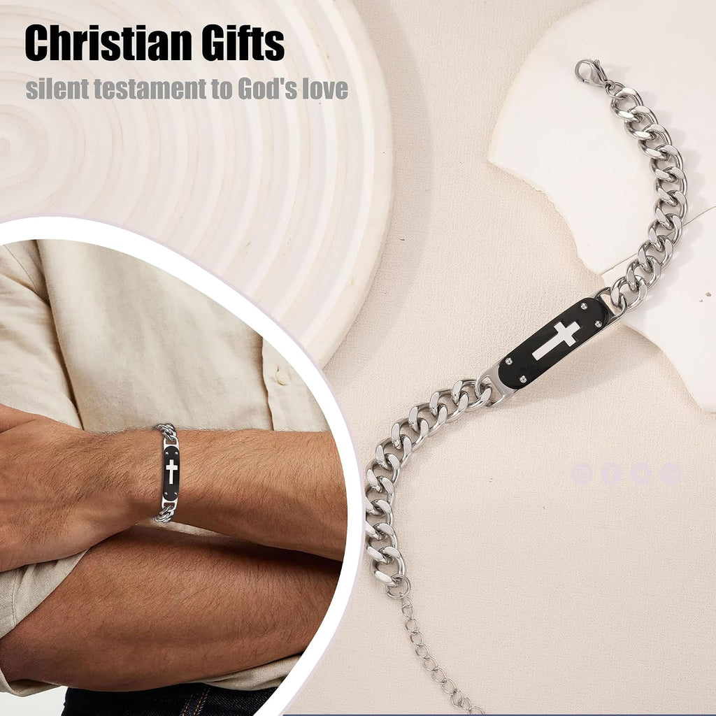 ✝ Men's Cross Cuban Link Bracelet Christian Faith Stainless Steel Baptism Communion Gift for Him