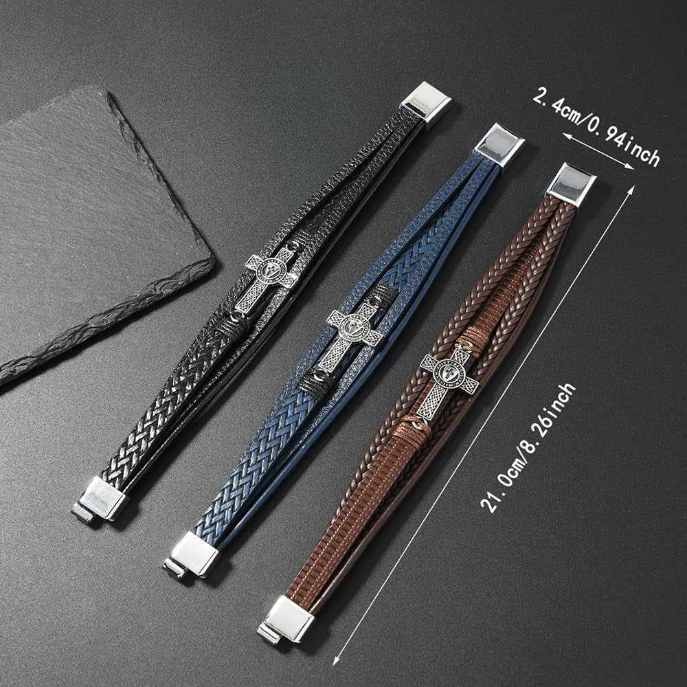 ✝ Men's Vintage Celtic Cross Leather Bracelet Christian Faith Shield Braided Stainless Steel Religious Jewelry Gift