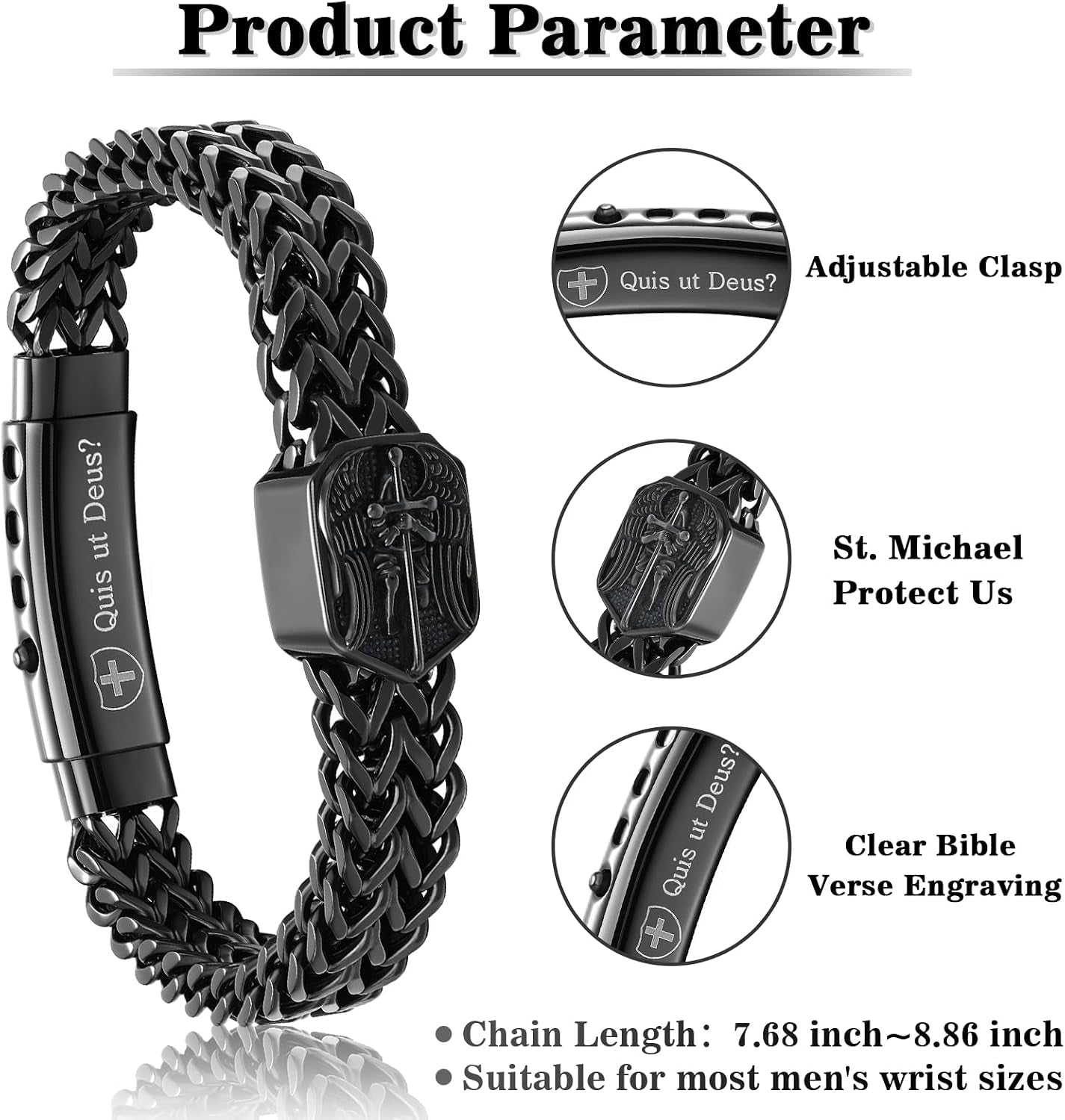 ✝ St Michael Bracelet for Men Catholic Christian Faith Stainless Steel Religious Gift Black Adjustable