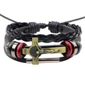 Black braided leather bracelet with a gold cross charm on a white background