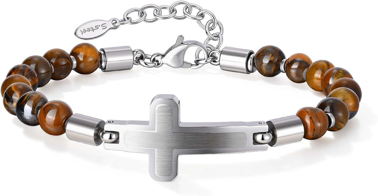 Christian Cross Bracelet for Men : Tiger Eye/Black Agate/Lava/Wood Bead Bracelets,Adjustable Stainless Steel Religious Cross Chain,Mens Jewelry Gift for Birthday Anniversary Boyfriend Husband Dad Him