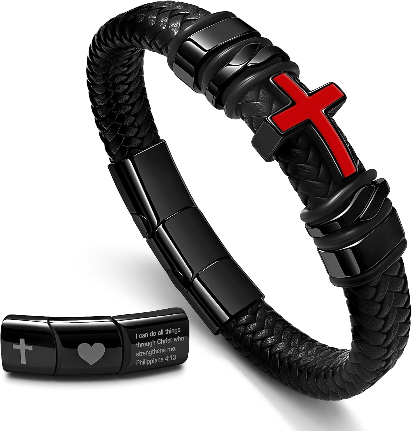 ✝ Men's Red White Cross Leather Cuff Bracelet 316L Stainless Steel Engraved Bible Verse Christian Faith Jewelry Gift