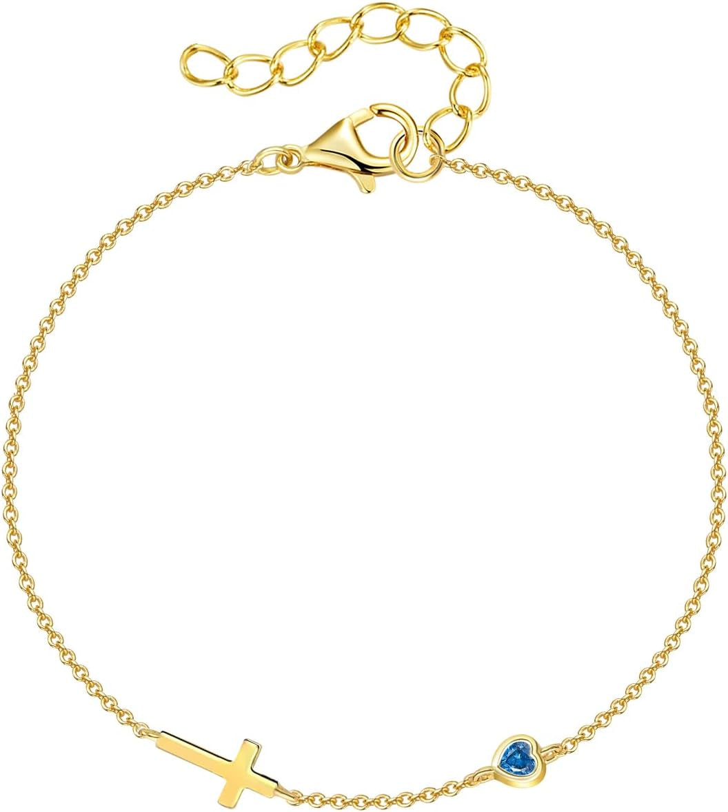 Women's 14K Gold Plated Cross Birthstone Bracelet Aquamarine Christian Jewelry Gift for Mom Wife Grandma