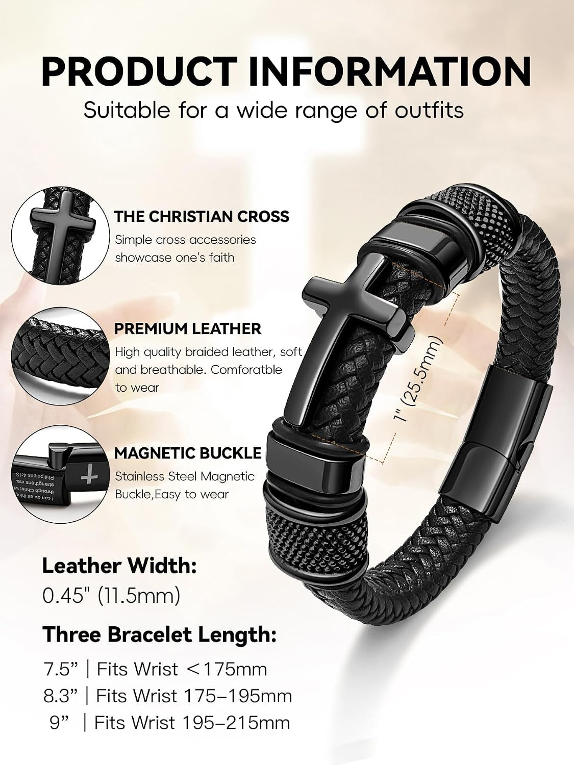 Men's Black Cross Cuff Bracelet Philippians 4:13 Stainless Steel Braided Leather Bible Verse