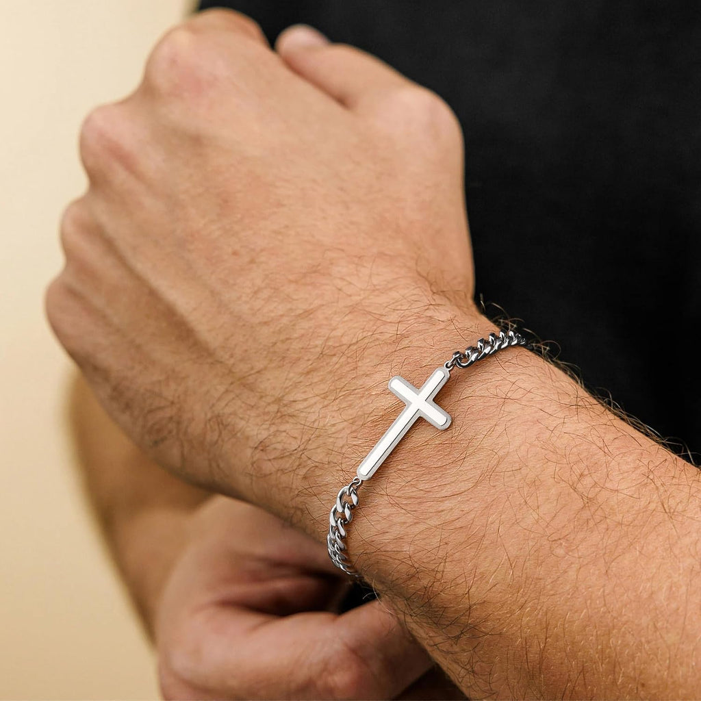 ✝ Men's Stainless Steel Cuban Cross Bracelet 5MM Adjustable Chain Christian Jesus Religious Confirmation Faith Jewelry Gift