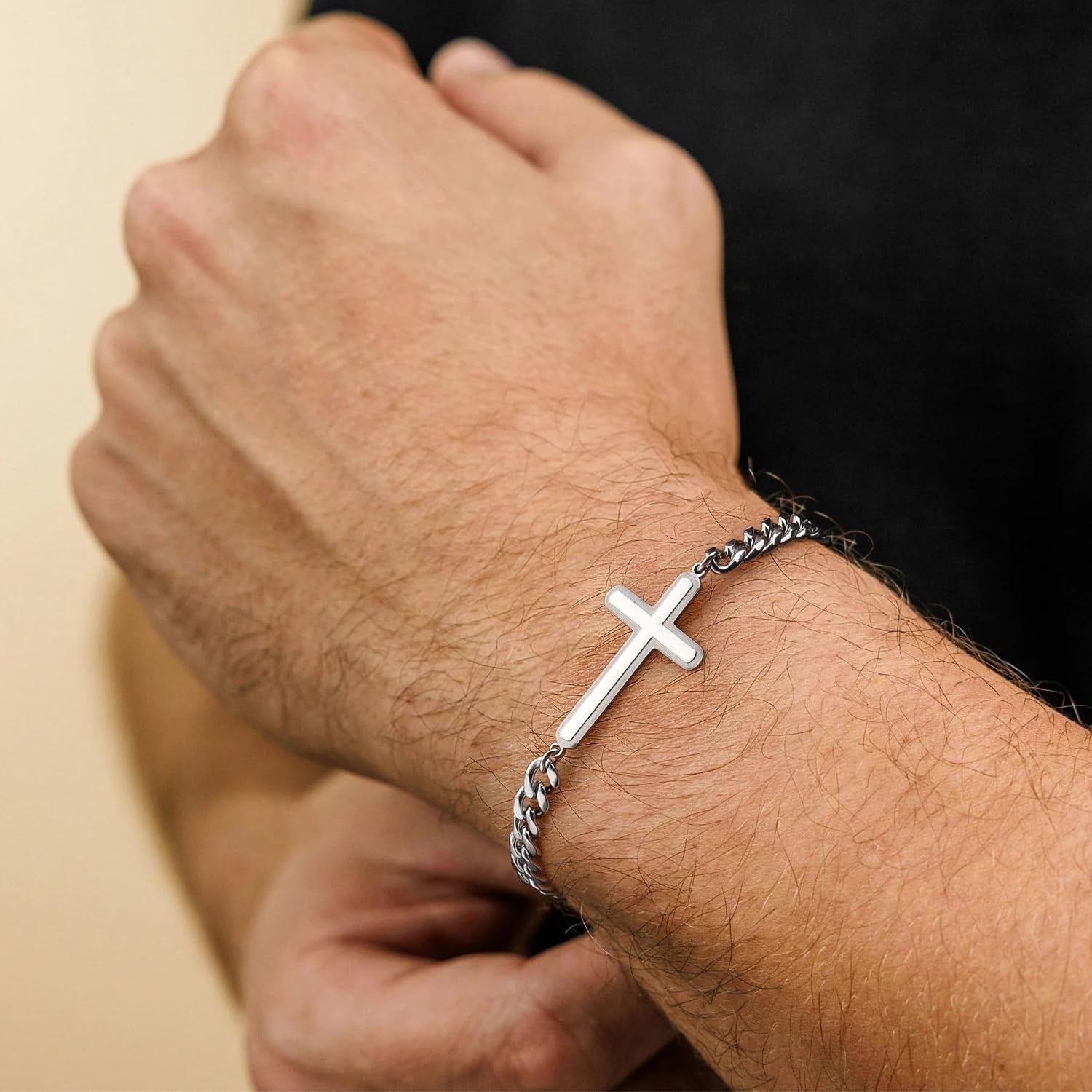 ✝ Men's Stainless Steel Cuban Cross Bracelet 5MM Adjustable Chain Christian Jesus Religious Confirmation Faith Jewelry Gift