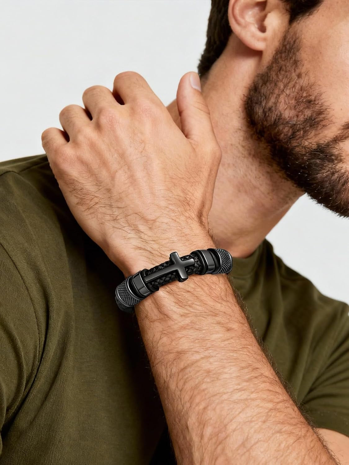 Men's Black Cross Cuff Bracelet Philippians 4:13 Stainless Steel Braided Leather Bible Verse